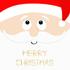 Merry Christmas. Santa Claus head face looking up. Beard, moustaches, white eyebrows, red hat. Cute cartoon kawaii funny father character. Winter background. Greeting card.