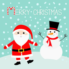 Snowman Santa Claus wearing red hat, costume, big beard, belt buckle. Merry Christmas. Cute cartoon kawaii funny character with open hand. Candy cane. Blue snow background. Greeting card.