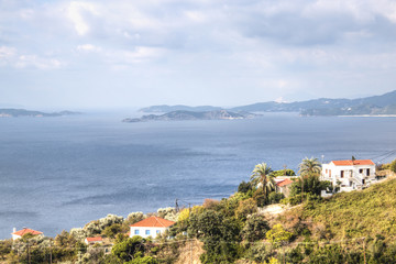 Fototapeta na wymiar View over the bay of Skopelos town on Skopelos island in Greece 
