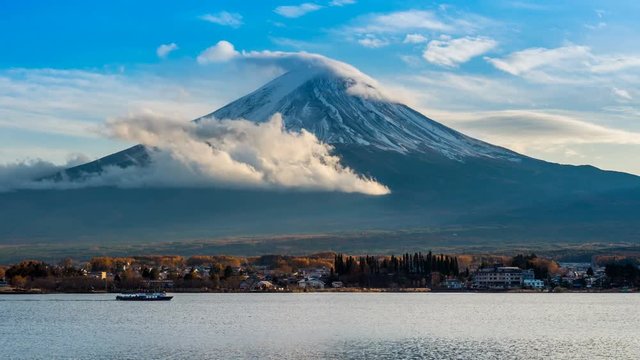 Timelapse of Fuji mountain and Kawaguchiko lake at sunset, Autumn seasons Fuji mountain at yamanachi in Japan. Zoom out 4K.