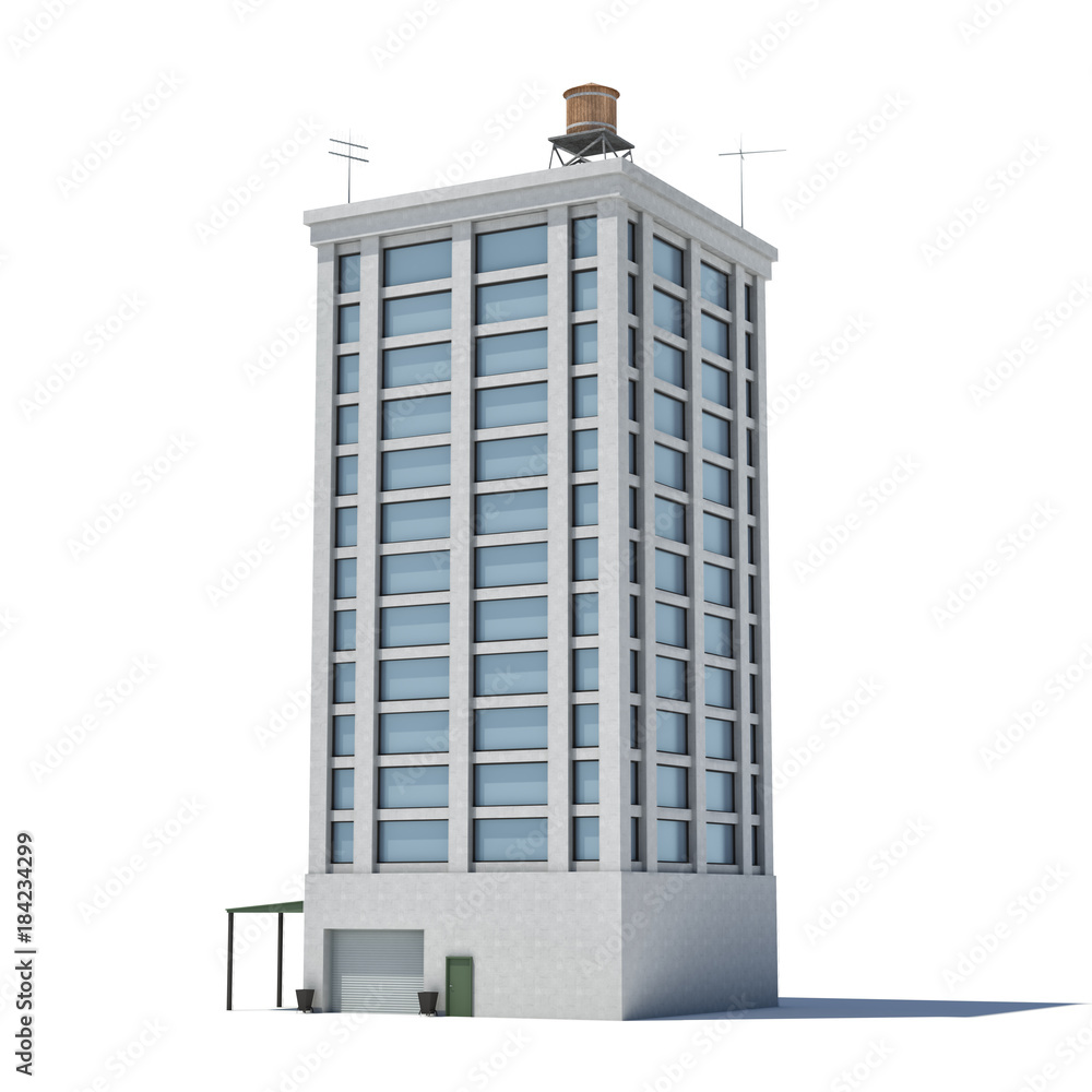 Poster 3d rendering of a white high office building with many large windows and a garage on the ground floo