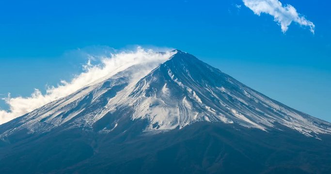 Timelapse of Fuji mountain and blue sky.