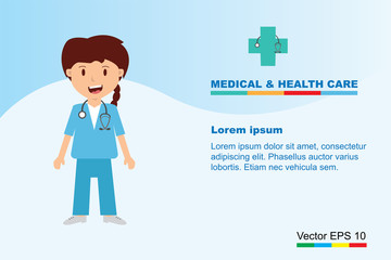 The  professional medical team for health life concept with logo, little doctor boy, girl in gown suit and cartoon act  - vector illustration Eps 10.