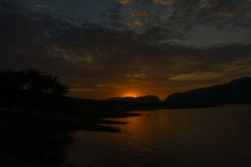 Beautiful sunset on the lake at the Papan reservoir