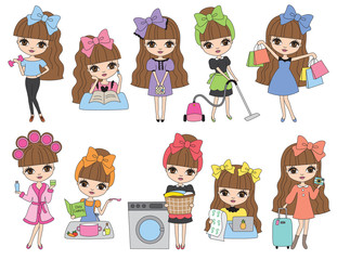 Vector Illustration of cute brown haired girl in daily life activities such as working out, studying, doing laundry, cooking, vacuuming, shopping, paying bills, traveling.