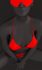 Beautiful sexy fitness girl. Pretty woman wearing red bikini and sunglasses. Front view. 3d rendering