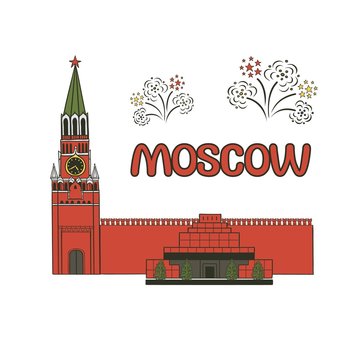 Vector flat illustration historical attractions of Moscow, Russia. Architectural monuments the Kremlin on the red square and mausoleum.. Place for tourists during the journey. Fireworks in the sky.