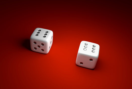 Two dice with number six on red casino background