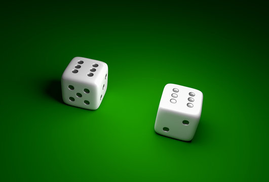 Two dice with number six on green casino background