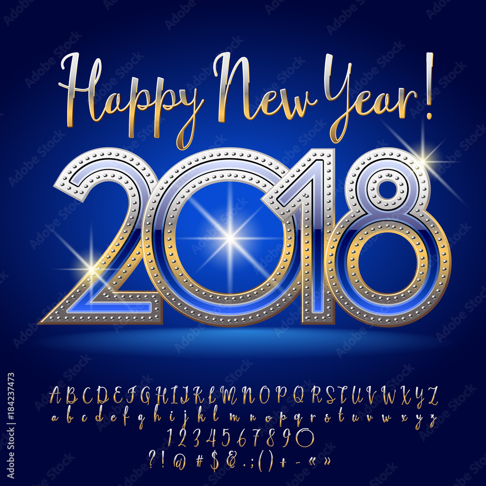 Fototapete vector happy new year 2018 greeting card with blue and golden shiny font. chic set of calligraphic a