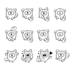 Set vector contour illustrations isolated character cartoon funny cat stickers emoticons with different emotions. Black and white happy, sad, loving, angry, surprised and frightened kitten.