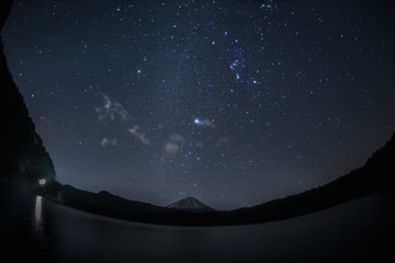 西湖から富士山と冬の星空