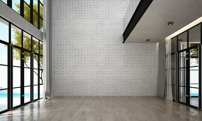 The interior design of empty lounge and living room and brick wall background and sea view