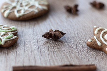 Christmas homemade gingerbread cookies on a wooden table