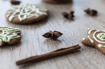 Christmas homemade gingerbread cookies on a wooden table