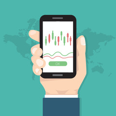Businessman hold smartphone with candlestick chart app. Vector illustration.