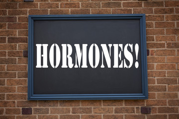 Obraz premium Conceptual hand writing text caption showing announcement Hormones. Business concept for Hormone Pill written on frame old brick background and copy space