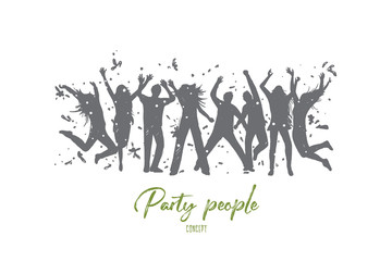 Party people concept. Hand drawn young people dancing in night club. Silhouette of festive people having fun together isolated vector illustration.