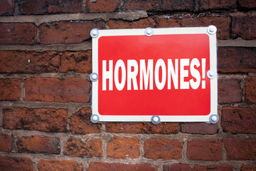 Fototapeta premium Hand writing text caption inspiration showing Hormones concept meaning Hormone Pill written on old announcement road sign with background and copy space