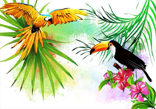 Colorful illustration with tropical birds in colors on an abstract background