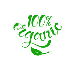 Fototapeta premium 100% organic text lettering with leaf. Vector illustration. 