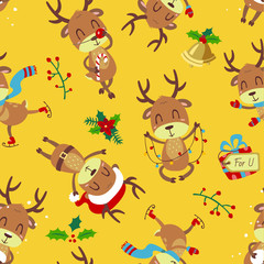 Fototapeta premium vector cartoon style christmas deer yellow seamless pattern