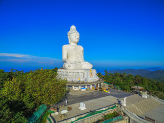 scenery blue sky and blue ocean are on the back of Phuket Big Buddha statue on the top of mountain.