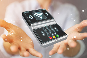 Businesswoman using contactless terminal payment 3D rendering