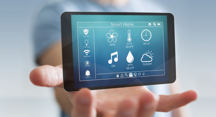 Businessman using smart home remote device 3D rendering