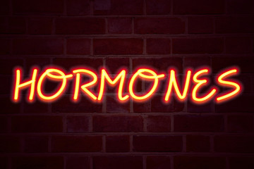 Obraz premium Hormones neon sign on brick wall background. Fluorescent Neon tube Sign on brickwork Business concept for Hormone Pill 3D rendered