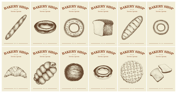 Labels with bread and pastries. Set templates price tags for bakery shop. Vector retro illustrations in hand drawn style