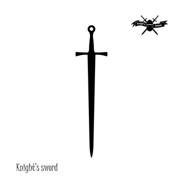 Black silhouette of knight's sword on white background. Icon of fantasy falchion. Vector illustration