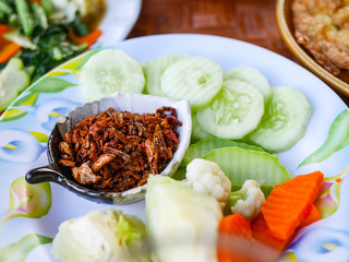 traditional chili paste with vegetable ; cucumber, Carrot Cabbage Cauliflower , northern thai food