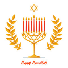 Hanukkah Vector card - Happy Hanukkah greeting inscription. Jewish holiday. Hanukkah gold Menorah with red candles, star of David and gold branches on white Background