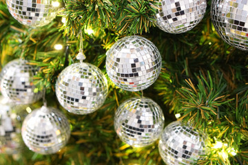 Fir tree x-mas with white christmas balls, New Year or Abstract Christmas background.