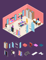 Interior Clothing Store and Parts Isometric View. Vector