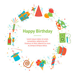 Cartoon Happy Birthday Party Banner Card Circle. Vector