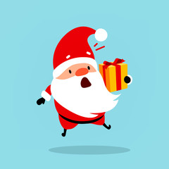 Funny Santa Claus is holding a gift in his hands. Santa shocked, jumped with surprise. Christmas vector characters is suitable for New Year's design