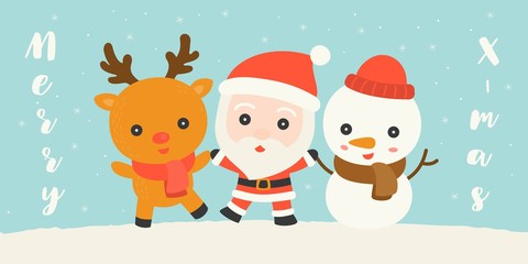 Naklejka premium Merry Christmas hand lettering font with Friendship concept, cute Santa claus , reindeer and snowman, holding hand and dance on snowfield, suitable for banner