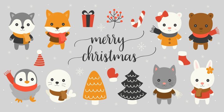 xmas character and elements with merry christmas hand lettering font for winter season, christmas tree, polar bear, fox, Siberian husky, cat, bunny, seal, penguin in scarf and sweater, flat design
