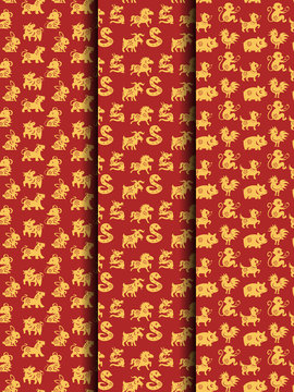 12 Chinese Zodiacs Seamless Pattern Set