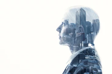 Double exposure of businesswoman and cityscape. © metamorworks