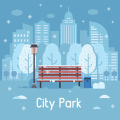 Winter city park landscape with wooden bench, street lamp, trashcan and trees on snow modern city background. Snowy public park banner under snowfall in flat design. Wintertime abstract town scene.