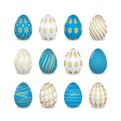 set of blue and white Easter eggs with golden patterns