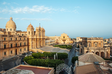 Naklejka premium Noto, Sicily, Italy - view of the baroque cathedral church and the city hall
