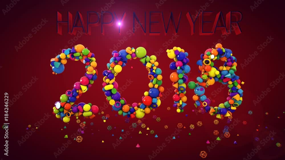 Poster a cheerful 3d rendering of the new year made of flying and rolling multicolored balls in the purple 