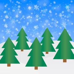 Winter forest with fir trees and snowfall. Vector illustration.