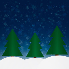 Winter forest with fir trees and snowfall at night. Vector illustration.