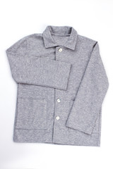 Gray melange shirt on white. Good looking, warm and comfy for sleeping. Boys pajama top with pockets.
