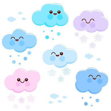 Cute cloud characters with snow flakes. Vector illustration set